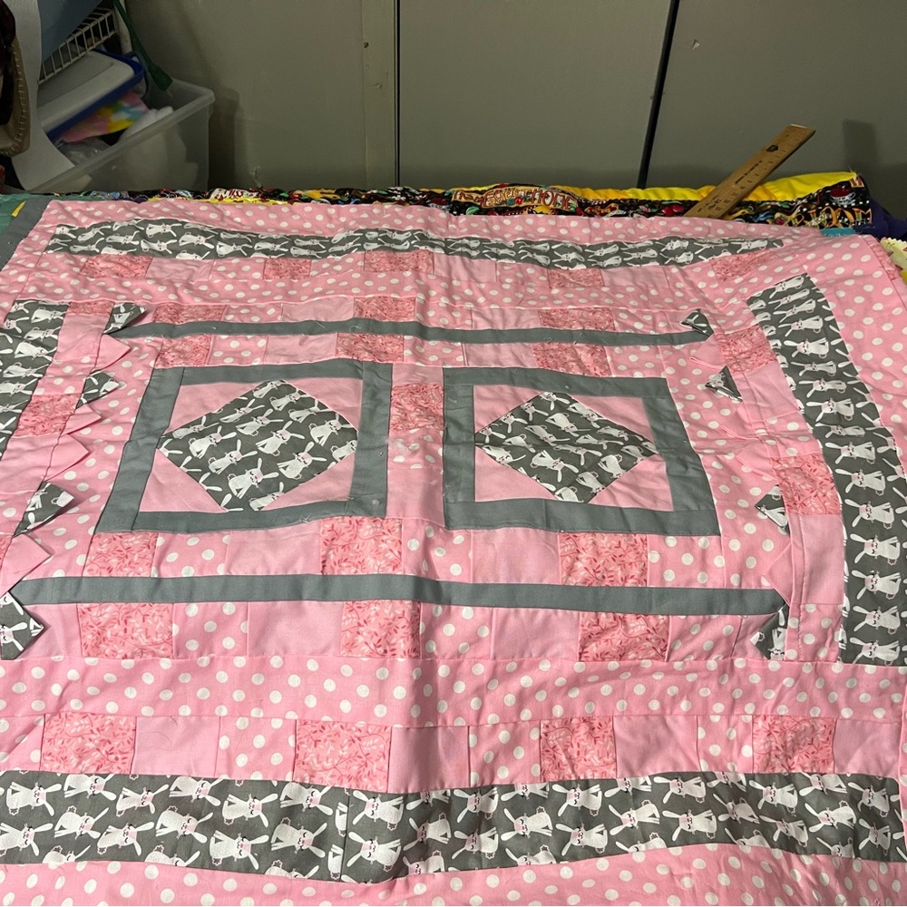 Baby quilt 32 x 36 with bunnies. Pink and gray